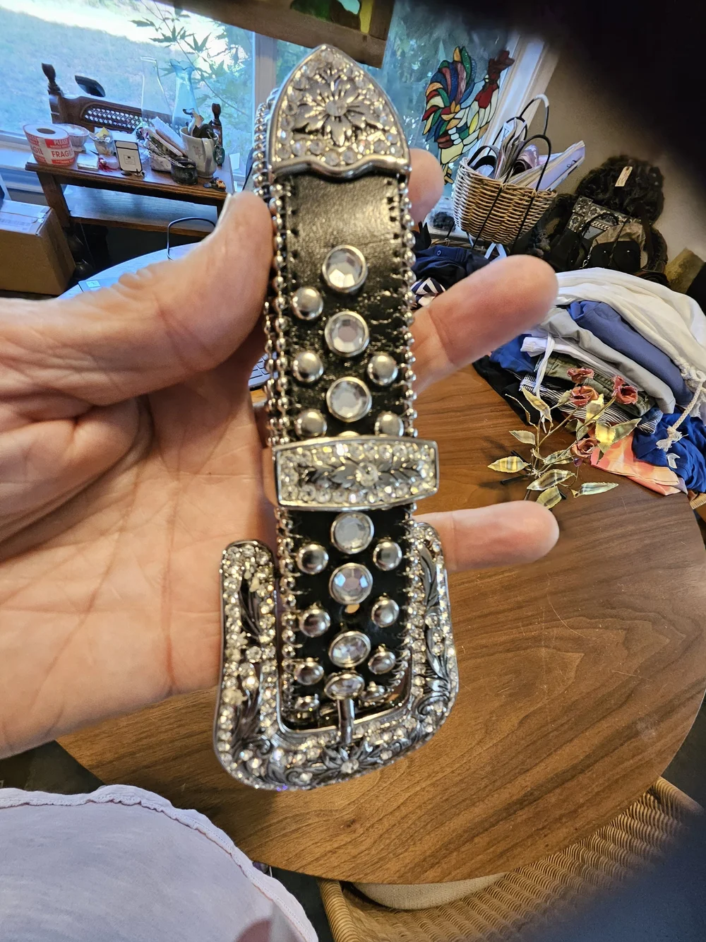 Blingy Silver Crystal Rhinestone -Embellished Western Buckle Women's Belt M